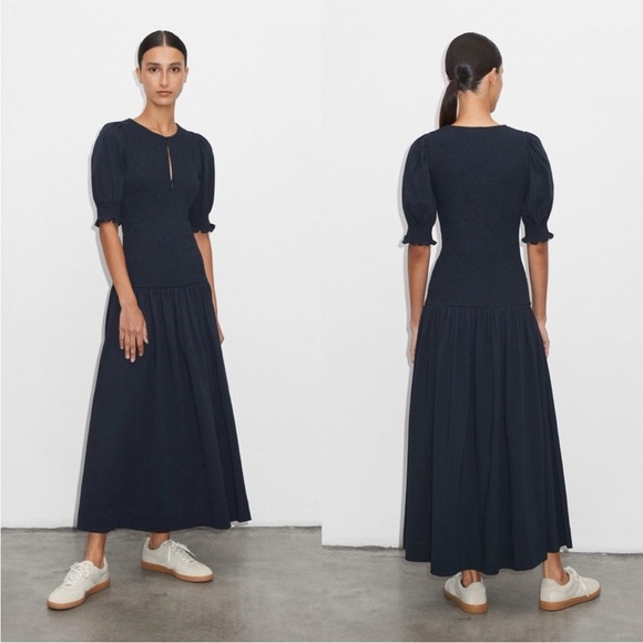 ME+EM Dresses & Skirts - ME+EM Navy Midi Dress with Puff Sleeves